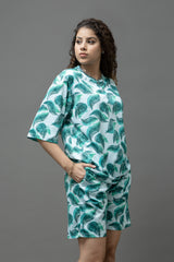 Go Devil Teal Green Leaf Print Polyester White Co-ord Set for Women's