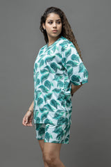 Go Devil Teal Green Leaf Print Polyester White Co-ord Set for Women's