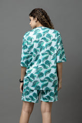 Go Devil Teal Green Leaf Print Polyester White Co-ord Set for Women's