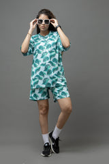 Go Devil Teal Green Leaf Print Polyester White Co-ord Set for Women's