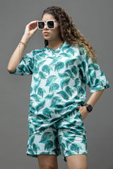 Go Devil Teal Green Leaf Print Polyester White Co-ord Set for Women's