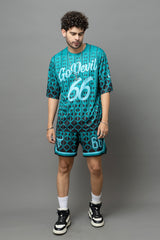 Go Devil 66 Printed Teal Graphic Oversized Co-Ord Set For Men