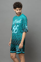 Go Devil 66 Printed Teal Graphic Oversized Co-Ord Set For Men