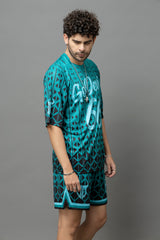Go Devil 66 Printed Teal Graphic Oversized Co-Ord Set For Men