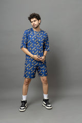 Go Devil In Yellow Printed Blue Oversized Co-Ord Set For Men