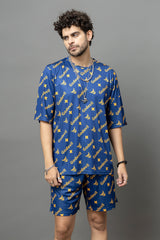 Go Devil In Yellow Printed Blue Oversized Co-Ord Set For Men