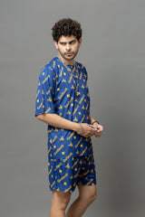 Go Devil In Yellow Printed Blue Oversized Co-Ord Set For Men