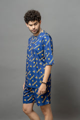 Go Devil In Yellow Printed Blue Oversized Co-Ord Set For Men