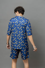 Go Devil In Yellow Printed Blue Oversized Co-Ord Set For Men