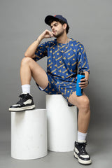 Go Devil In Yellow Printed Blue Oversized Co-Ord Set For Men