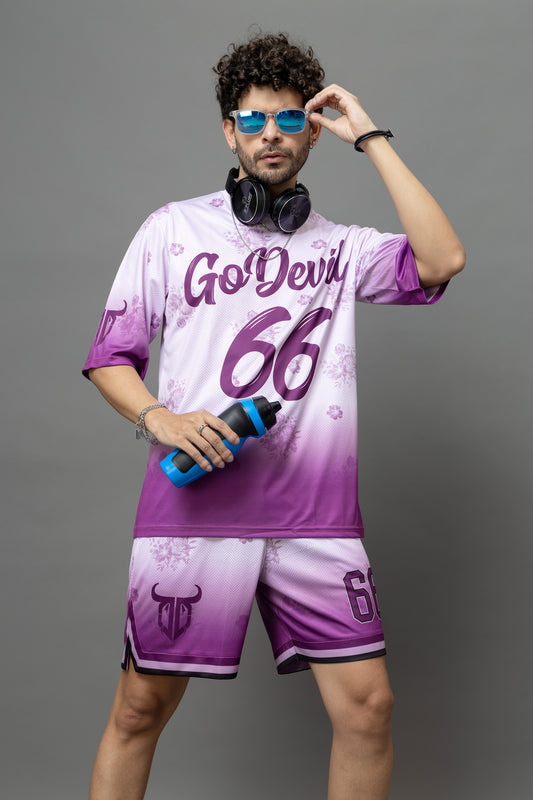 Go Devil 66 Printed Purple & White Co-Ord Set For Men
