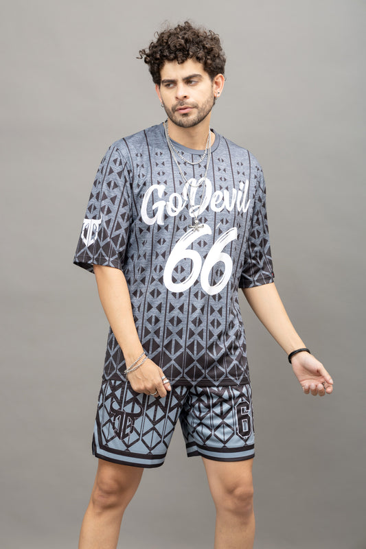 Go Devil 66 Printed Grey Graphic Oversized Co-Ord Set For Men
