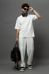 Go Devil White Textured T-Shirt With Pant Co-Ord Set For Men