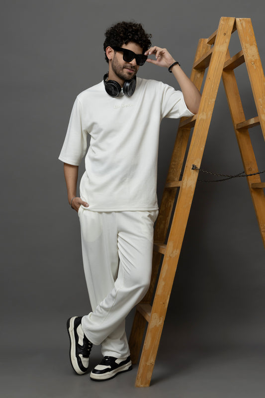 Go Devil White Textured T-Shirt With Pant Co-Ord Set For Men
