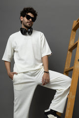 Go Devil White Textured T-Shirt With Pant Co-Ord Set For Men