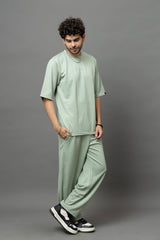 Go Devil Sage Green Textured T-Shirt With Pant Co-Ord Set For Men