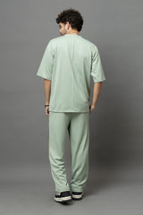 Go Devil Sage Green Textured T-Shirt With Pant Co-Ord Set For Men