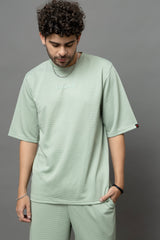 Go Devil Sage Green Textured T-Shirt With Pant Co-Ord Set For Men