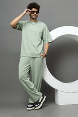 Go Devil Sage Green Textured T-Shirt With Pant Co-Ord Set For Men
