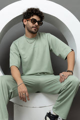 Go Devil Sage Green Textured T-Shirt With Pant Co-Ord Set For Men