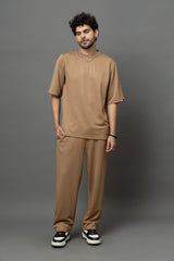 Go Devil Brown Textured T-Shirt With Pant Co-Ord Set For Men