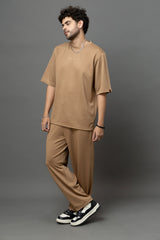 Go Devil Brown Textured T-Shirt With Pant Co-Ord Set For Men