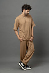 Go Devil Brown Textured T-Shirt With Pant Co-Ord Set For Men