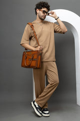 Go Devil Brown Textured T-Shirt With Pant Co-Ord Set For Men