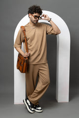 Go Devil Brown Textured T-Shirt With Pant Co-Ord Set For Men