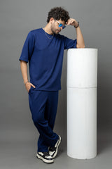 Go Devil Blue Textured T-Shirt With Pant Co-Ord Set For Men