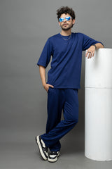 Go Devil Blue Textured T-Shirt With Pant Co-Ord Set For Men