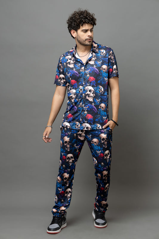 Colourful Skull Printed Shirt With Pant Co-Ord Set For Men