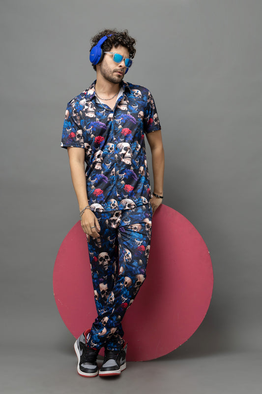 Colourful Skull Printed Shirt With Pant Co-Ord Set For Men