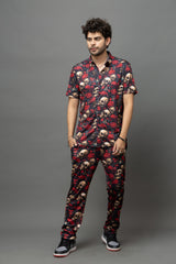 Skull with Rose Printed Black Shirt With Pant Co-Ord Set For Men