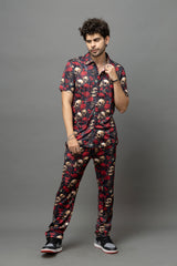 Skull with Rose Printed Black Shirt With Pant Co-Ord Set For Men
