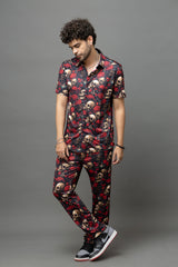 Skull with Rose Printed Black Shirt With Pant Co-Ord Set For Men