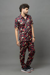 Skull with Rose Printed Black Shirt With Pant Co-Ord Set For Men