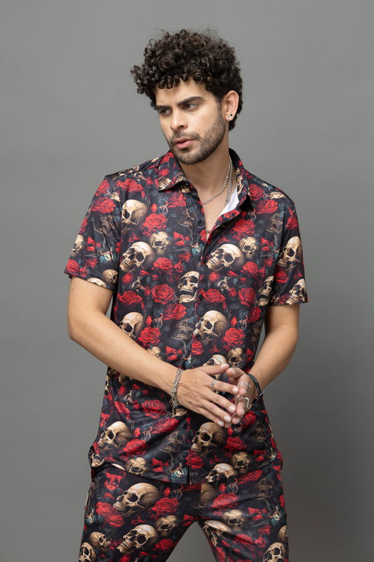 Skull with Rose Printed Black Shirt With Pant Co-Ord Set For Men