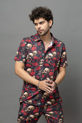 Skull with Rose Printed Black Shirt With Pant Co-Ord Set For Men