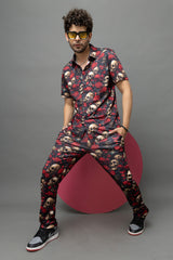 Skull with Rose Printed Black Shirt With Pant Co-Ord Set For Men