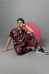 Skull with Rose Printed Black Shirt With Pant Co-Ord Set For Men