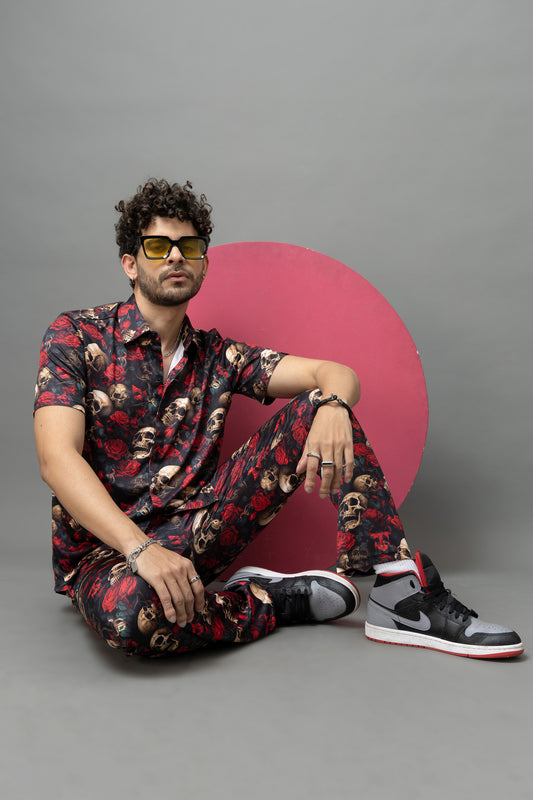 Skull with Rose Printed Black Shirt With Pant Co-Ord Set For Men