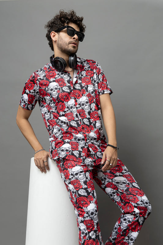 Skull with Rose Printed Shirt With Pant Co-Ord Set For Men