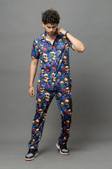 Skull with Rose Printed Blue Shirt With Pant Co-Ord Set For Men