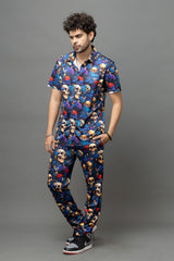 Skull with Rose Printed Blue Shirt With Pant Co-Ord Set For Men