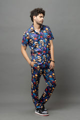 Skull with Rose Printed Blue Shirt With Pant Co-Ord Set For Men