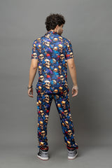 Skull with Rose Printed Blue Shirt With Pant Co-Ord Set For Men