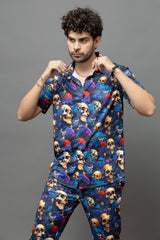 Skull with Rose Printed Blue Shirt With Pant Co-Ord Set For Men