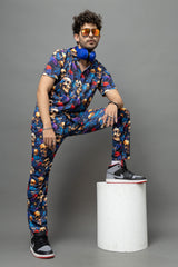 Skull with Rose Printed Blue Shirt With Pant Co-Ord Set For Men