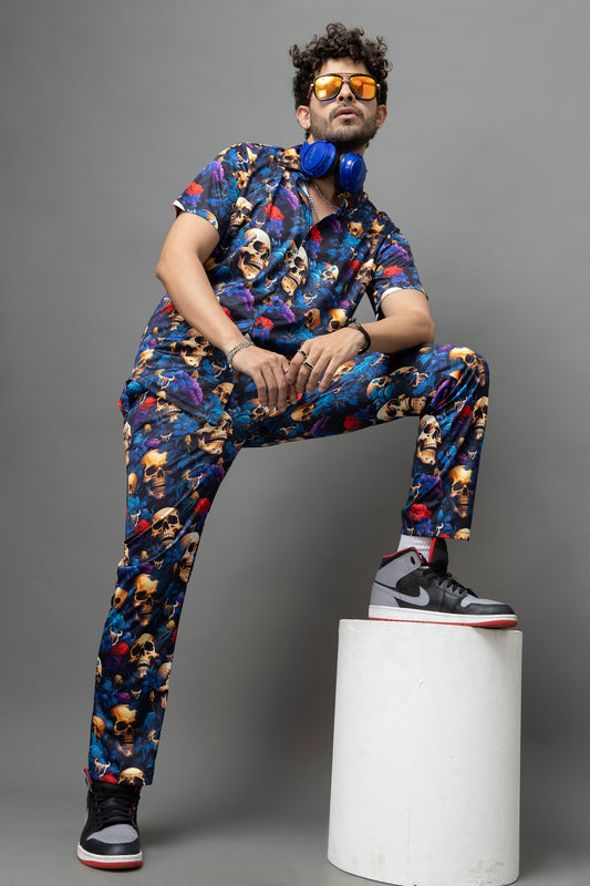 Skull with Rose Printed Blue Shirt With Pant Co-Ord Set For Men